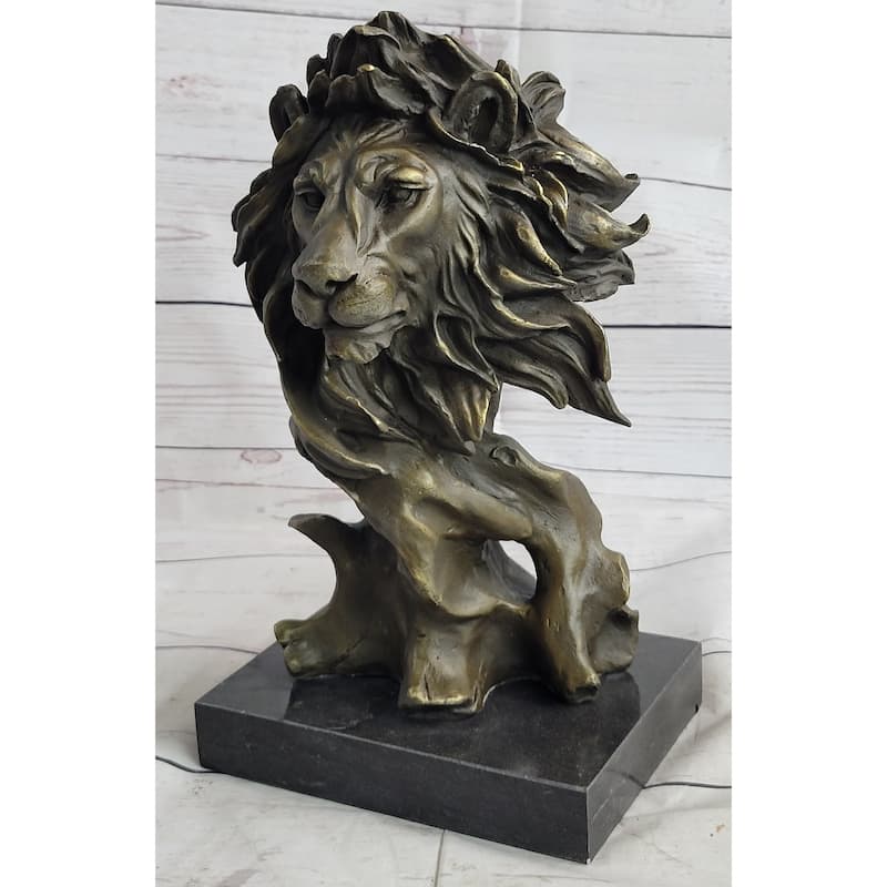 Male Lion Abstract Modern Bust Statue Sculpture Bronze Metal On Marble 12 Inches X 7 Inches