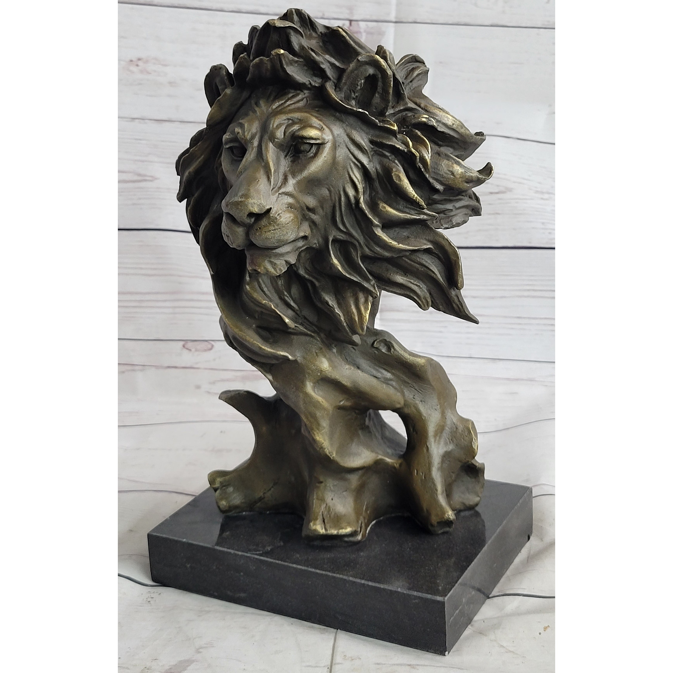 Male Lion Abstract Modern Bust Statue Sculpture Bronze Metal On Marble 12 Inches X 7 Inches