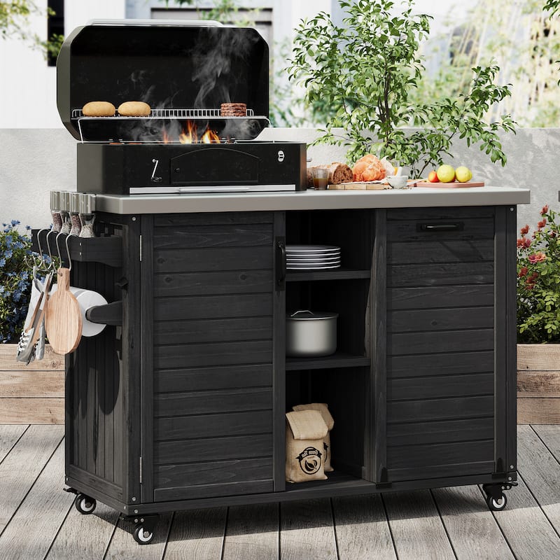 78.3" Outdoor Kitchen Island with Foldable Grill Table, Wooden Cart with Trash Storage & Stainless Steel Top for Lawn & Garden