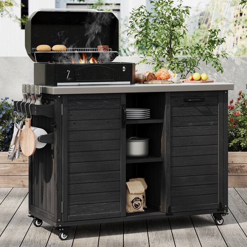 78.3 Inch Outdoor Grill Cart with Foldable Table Fir Wood Stainless Steel Top - Black