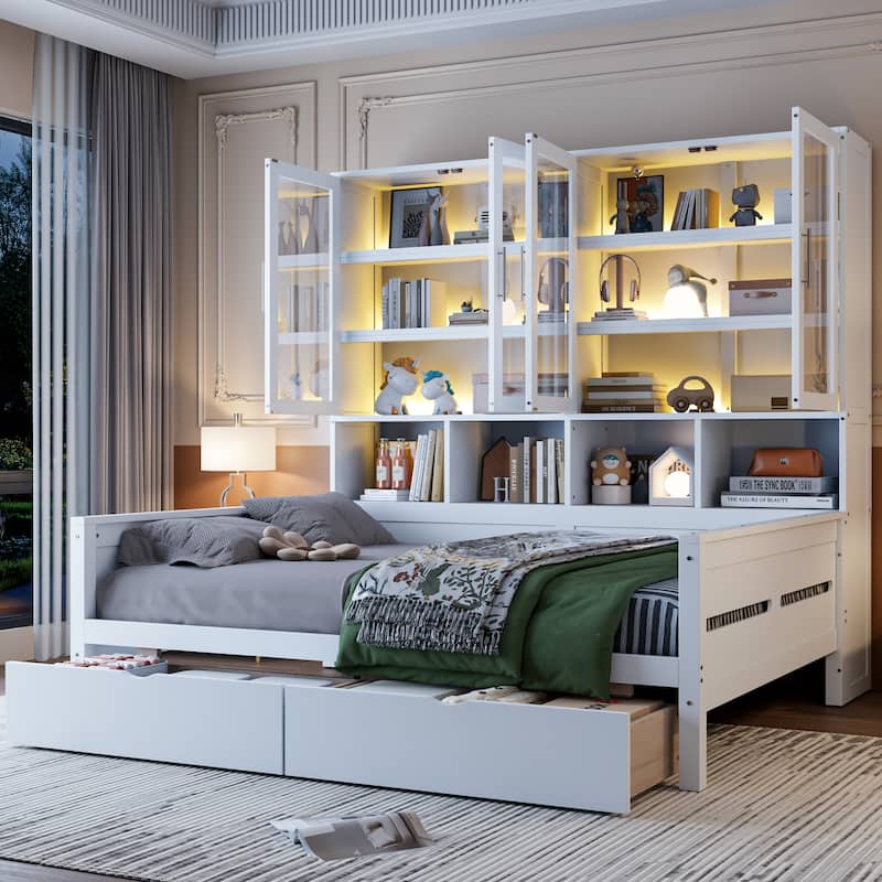 Full Size Solid Wood Storage Bed Frame with 2 Big Drawers Full Size Daybed with Glass-Door Storage Cabinets