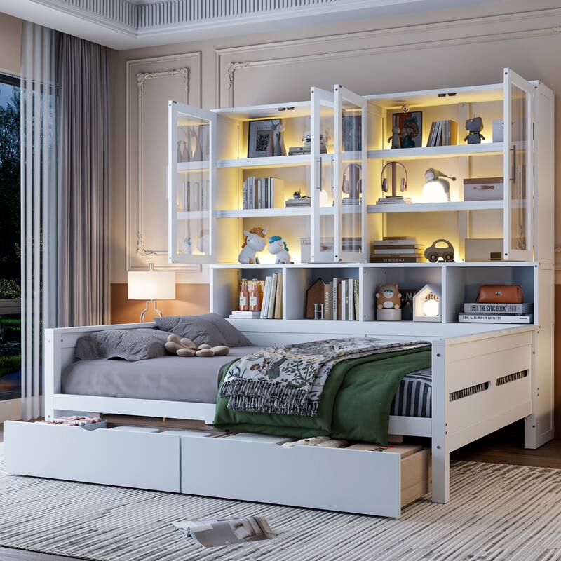 Full/Twin Size Daybed with Glass-Door Storage Cabinets, Built-in LED Lighting and Shelves