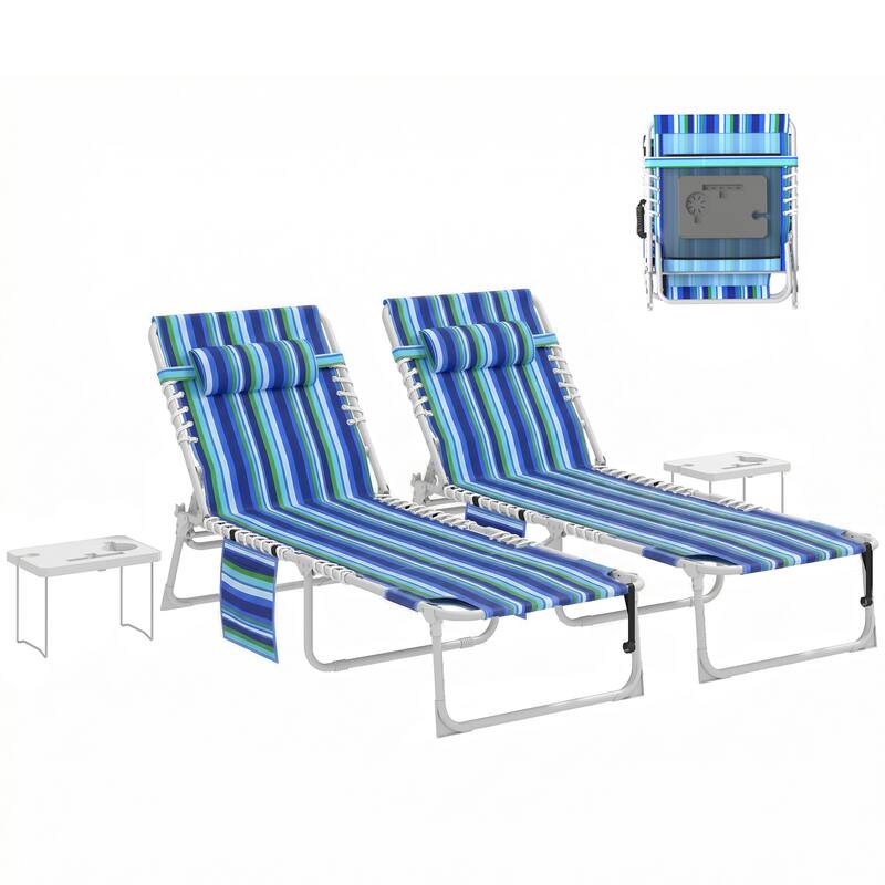 Outsunny Tanning Chair Set of 2 with Face Hole, Side Table, 5-Position Reclining Folding Chaise Lounge Chair