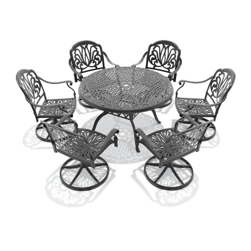 7-Piece Aluminum Round Outdoor Patio Dining Set, 6 Cushioned Swivel Chairs, Table, All-Weather Frames