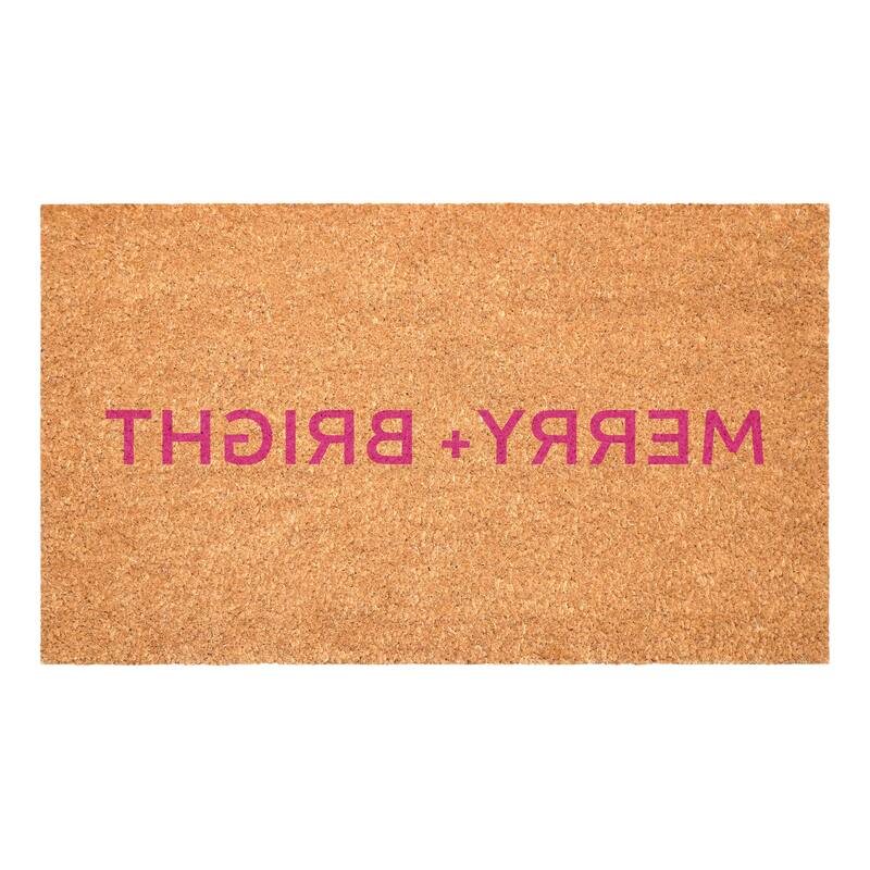 HomeRoots 17" X 29" Brown And Pink Christmas Merry and Bright Outdoor Coir Door Mat - 17.00' X '29.00