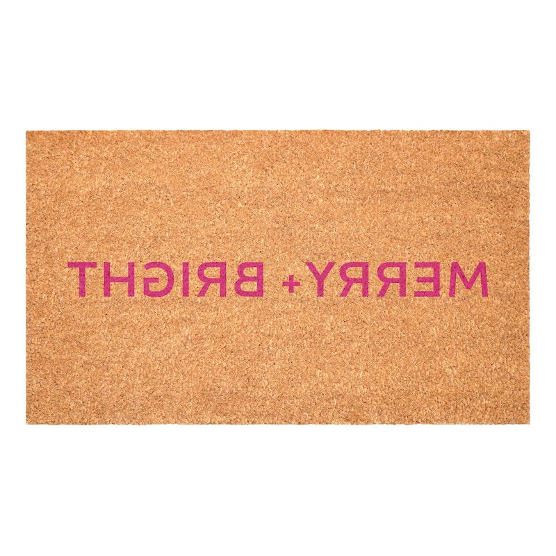 HomeRoots 24" X 36" Brown And Pink Christmas Merry and Bright Outdoor Coir Door Mat - 24.00' X '36.00
