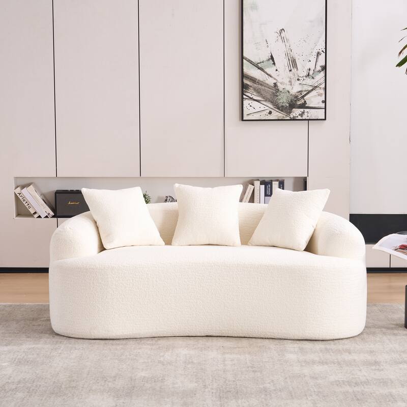 Small Chenille Upholstered Loveseat Sofa, Deep Seat Compression Boneless Couch, Curved Floor Sofa with 3 Pillows