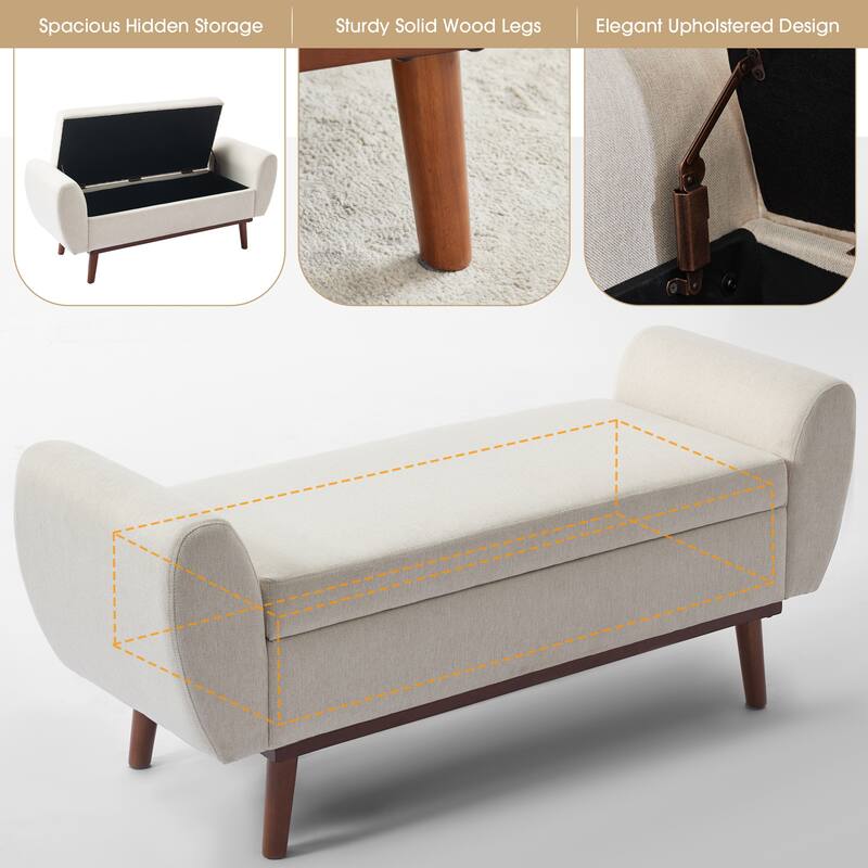 Linen Fabric Storage Ottoman Bench with Hidden Compartment and Rubberwood Legs