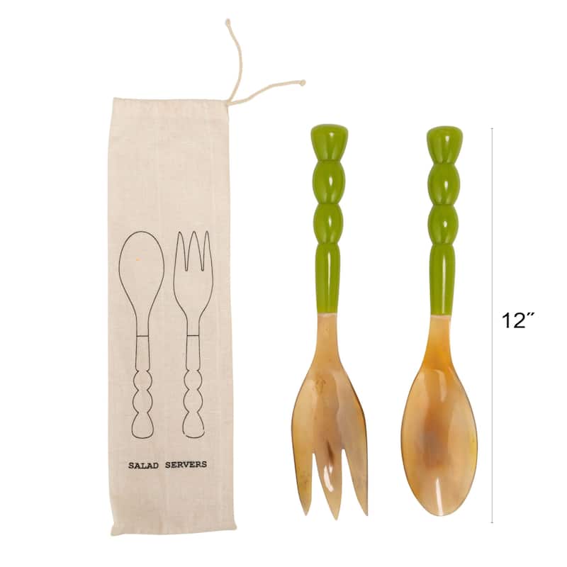 2-Piece Natural Horn Salad Server Set with Marbled Resin Handles - Green - 12.0"L x 2.5"W x 1.25"H