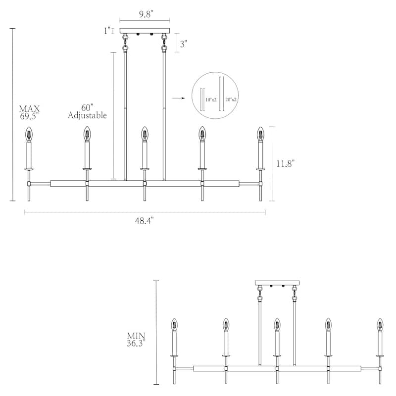 Oversized Modern Transitional 8-Light Black Bronze Linear Island Dining Chandelier - 48.4"W x 11.8"D x 36.3" - 69.5"H