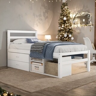 White Twin Size Wood Platform Bed with Removable Storage Shelves, 2 Built-in Storage Drawers
