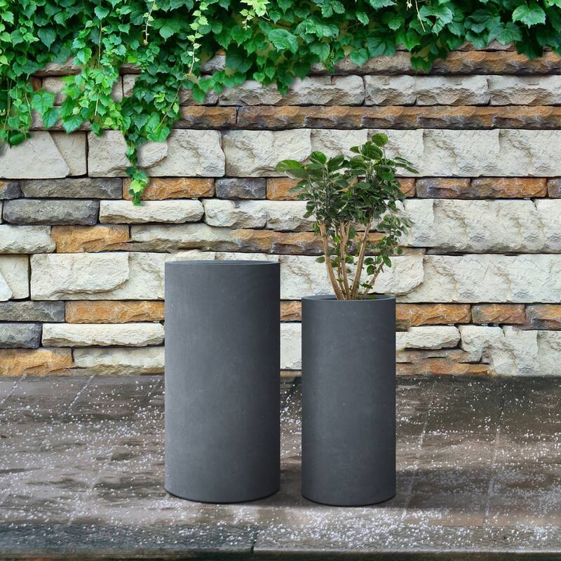 Kante 23.6", 18.9"H Charcoal Finish Concrete/Fiberglass Modern Planters (Set of 2)