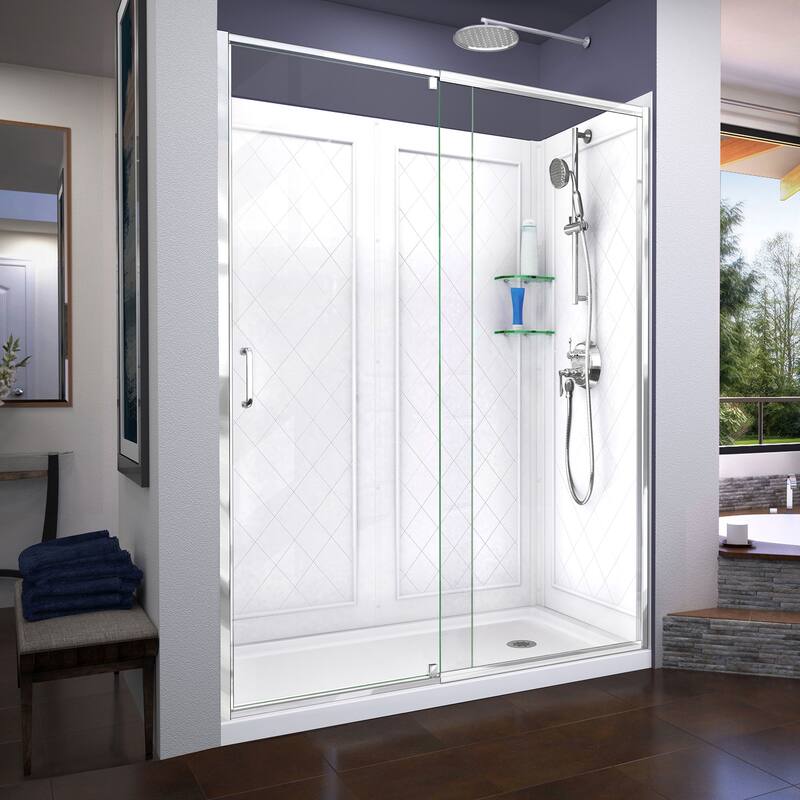 DreamLine Flex 30 in. D x 60 in. W x 76 3/4 in. H Pivot Shower Door, Shower Base and Backwall Kit - 30" x 60" - 30" x 60" - Chrome Finish Right Drain