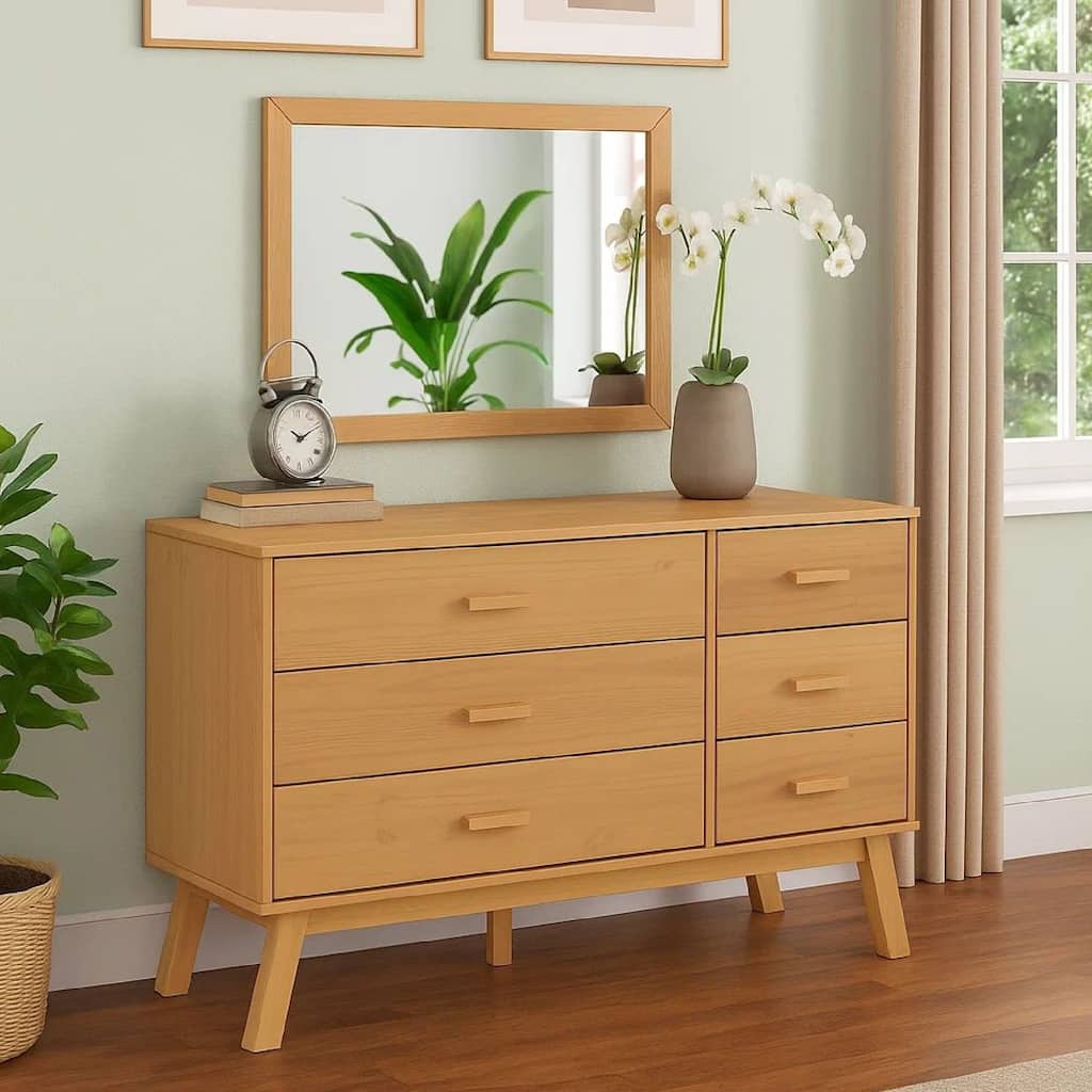 Sideboard Cabinet Dresser, 6 Drawers, Modern 44 Inch Brown Solid Wood