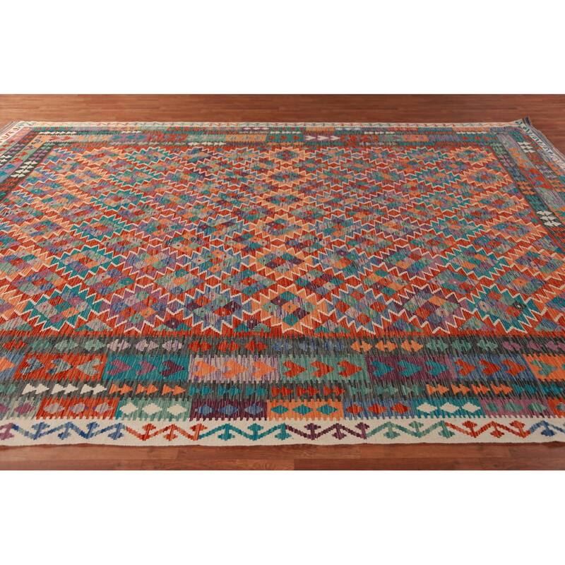 Reversible Kilim Area Rug Oriental Hand-Woven Wool Carpet - 9'11"x 13'0"