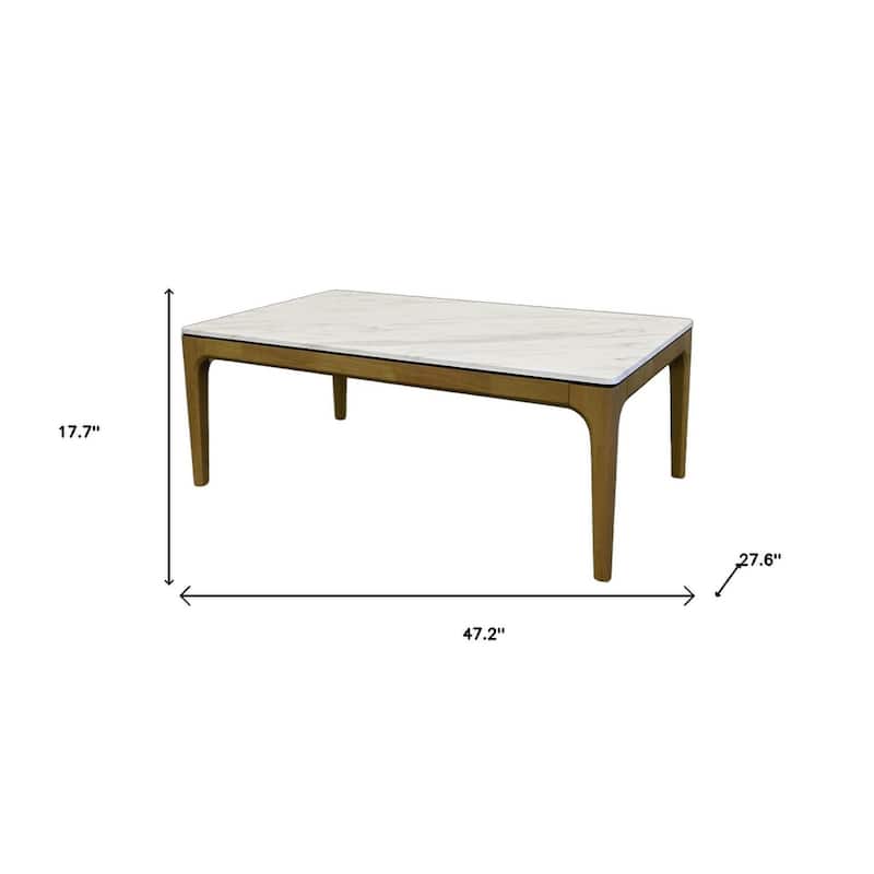 HomeRoots 47" White and Natural Faux Marble and Solid Wood Coffee Table - 47.20 in. x 17.70 in. x 27.60 in.