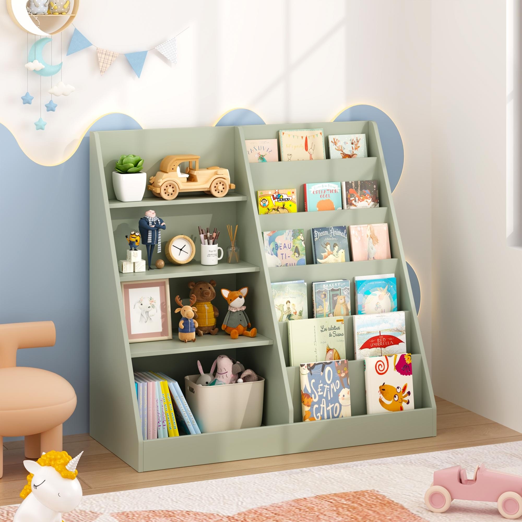Kids Bookshelf and Toy Storage Organizer, Multifunctional 4 Tier Wooden Kids Book Shelf with Bookcase Display Stand