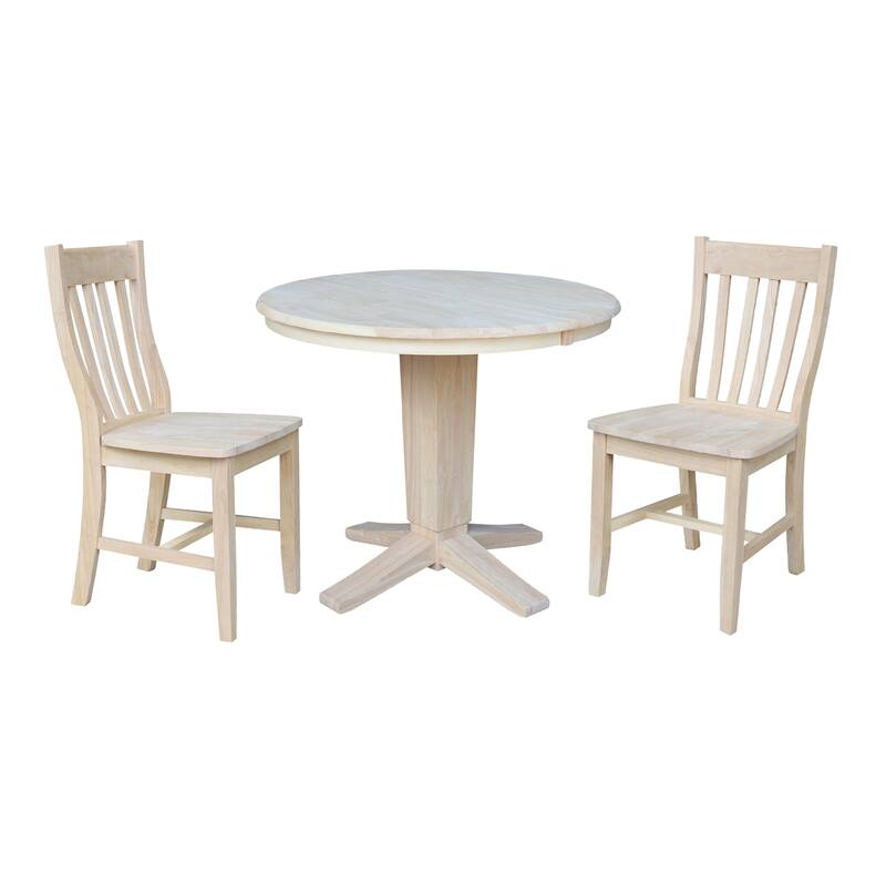 36" Round Extension Dining Table with 12" Leaf and Dining Chairs - 3-Piece - Unfinished