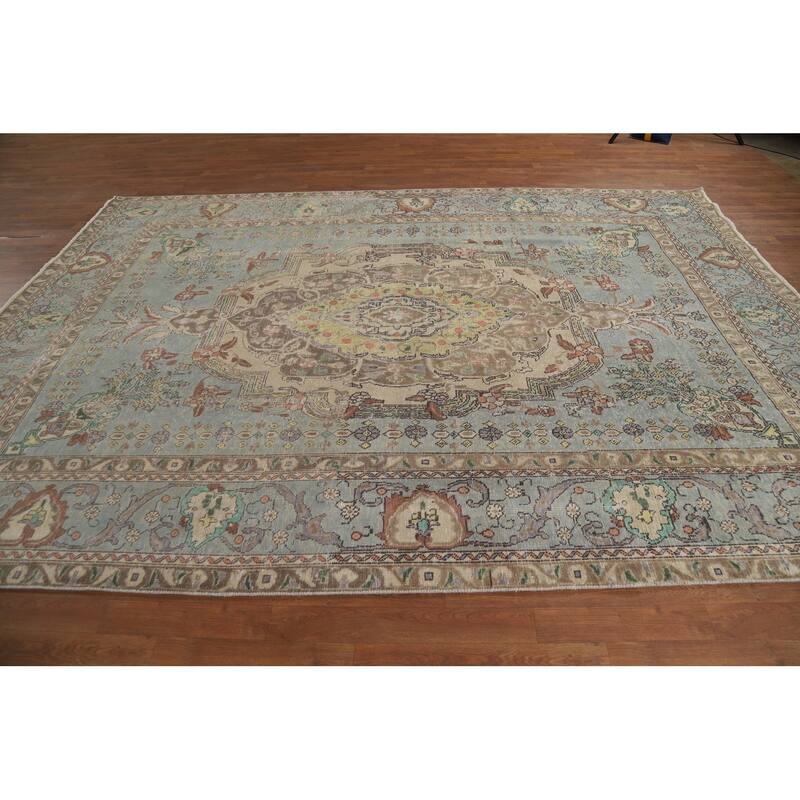 Hand Knotted Oriental 100% Wool Carpet Traditional Medallion Navy Blue & Blues Tabriz Area Rug - 10' 9'' X 7' 8''