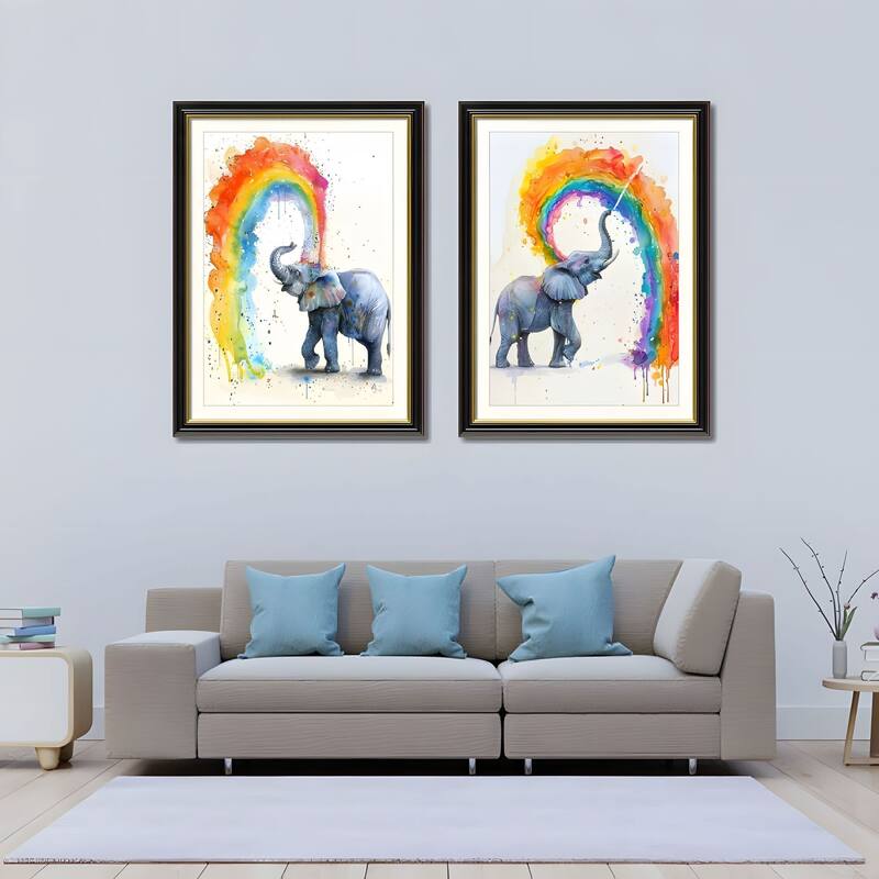 Set of 2 Colorful Elephant Framed Wall Art - Replaceable Canvas Prints with Solid Wood Picture Frames, Modern Animal Artwork