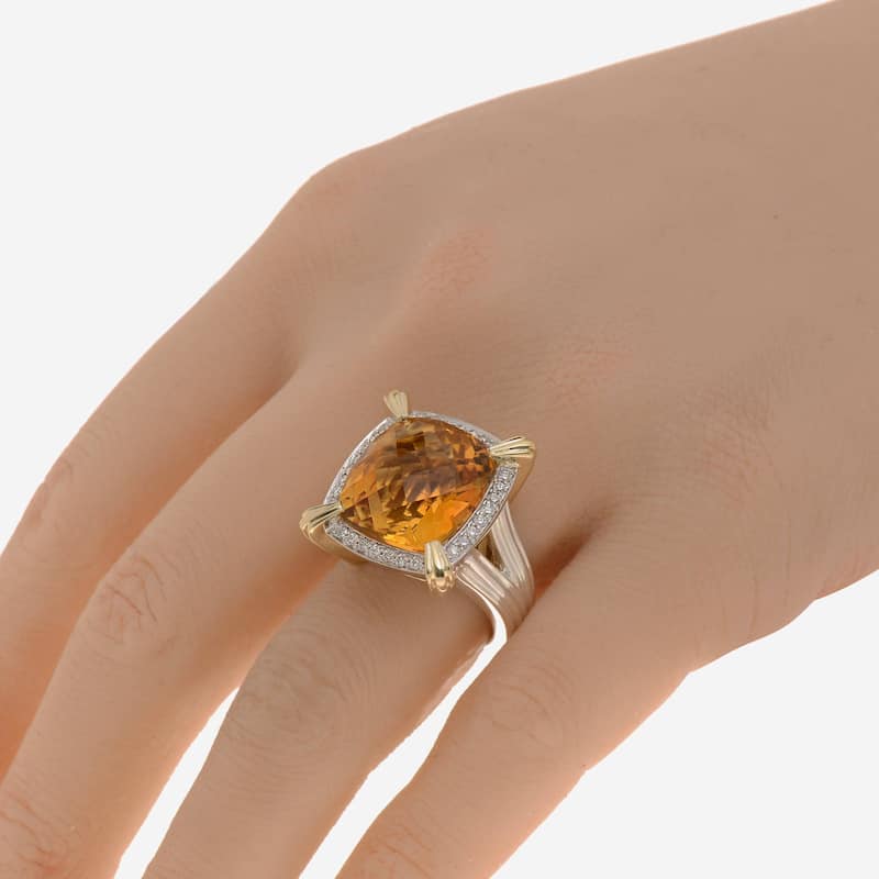 Charles Krypell Sterling Silver and 14K White Gold, Citrine and Diamond Statement Ring Sz. 6.75