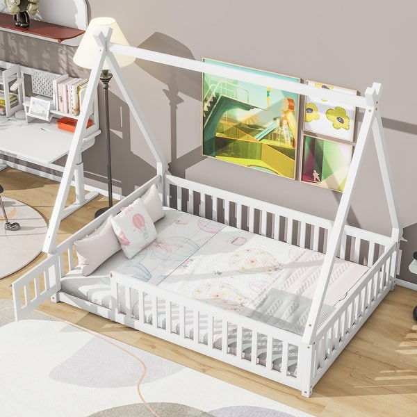 slide 2 of 9, White Full Size Pine Wood Tent-Shaped Floor Bed with Guardrails and Door Full - White