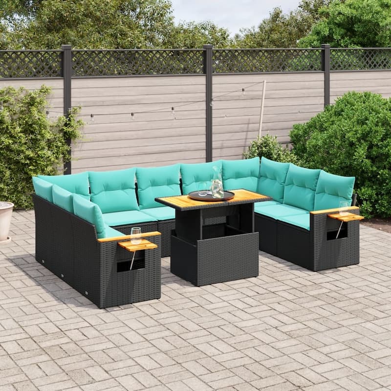vidaXL Patio Sofa Set with Cushions Outdoor Furniture 11 Piece Poly Rattan - 21.7 x 24.4 x 27.2 - Black