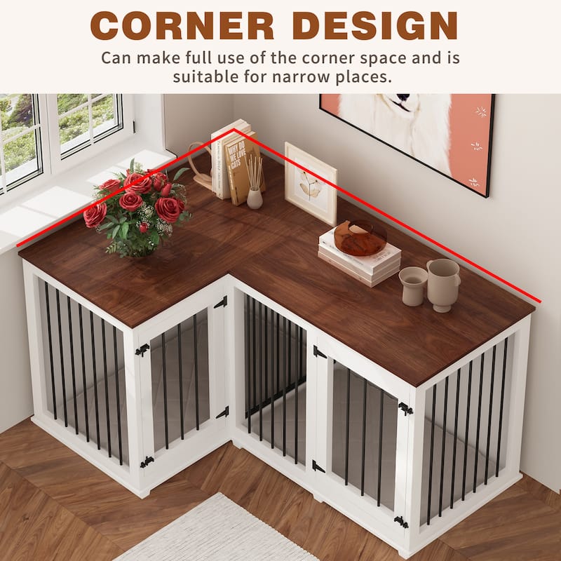 Large Corner Dog Crate Furniture, Wooden L Shaped Double Dog Kennel