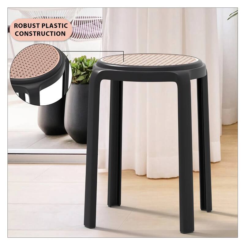 Tresse All-Weather Round Stackable Dining Stool with Wicker-Style Seat for Indoor, Outdoor, Patio, and Kitchen Set of 2