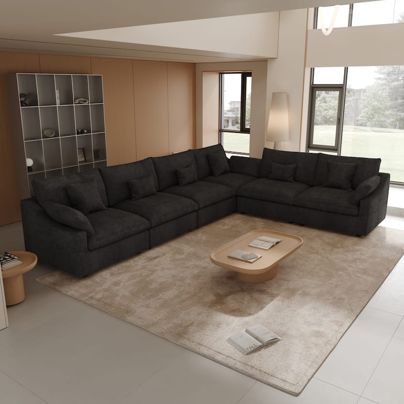 Large Linen Corner Sectional Sofa Couch for Living Room Set - Black