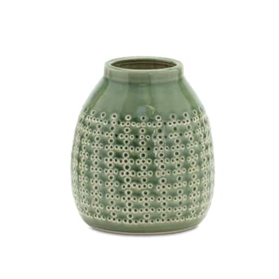 Punched Dimple Terra Cotta Vase - 6.5" - Green