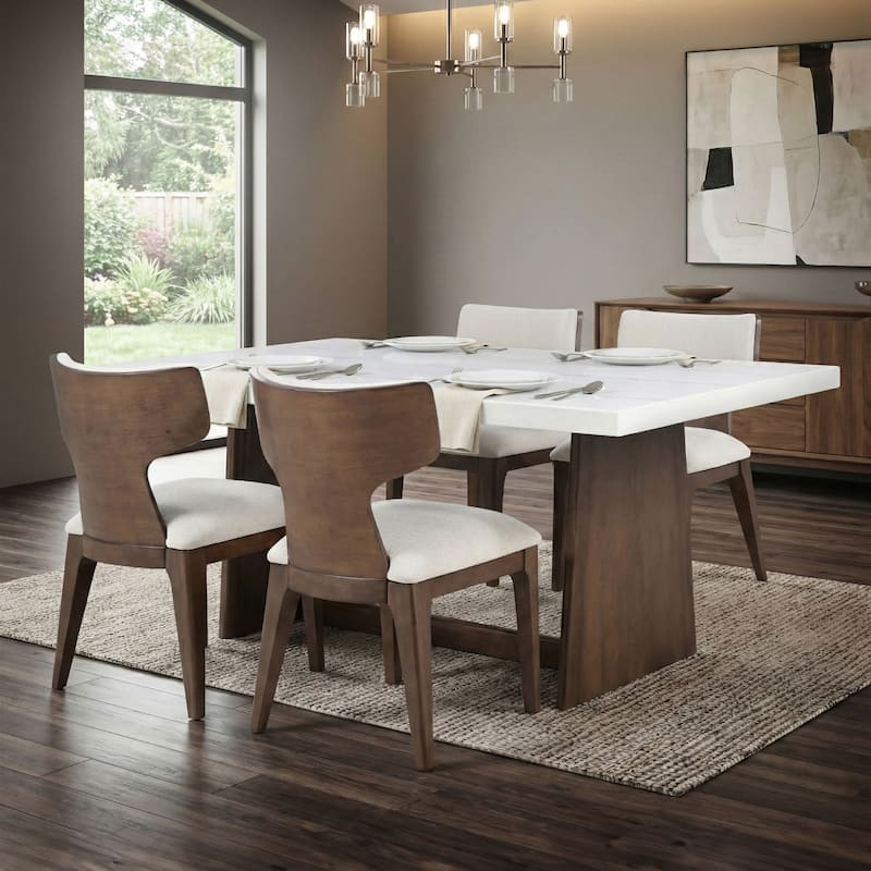 Furniture of America Wayley Modern 5-Piece Solid Wood Genuine Marble Top Dining Table Set - Brown