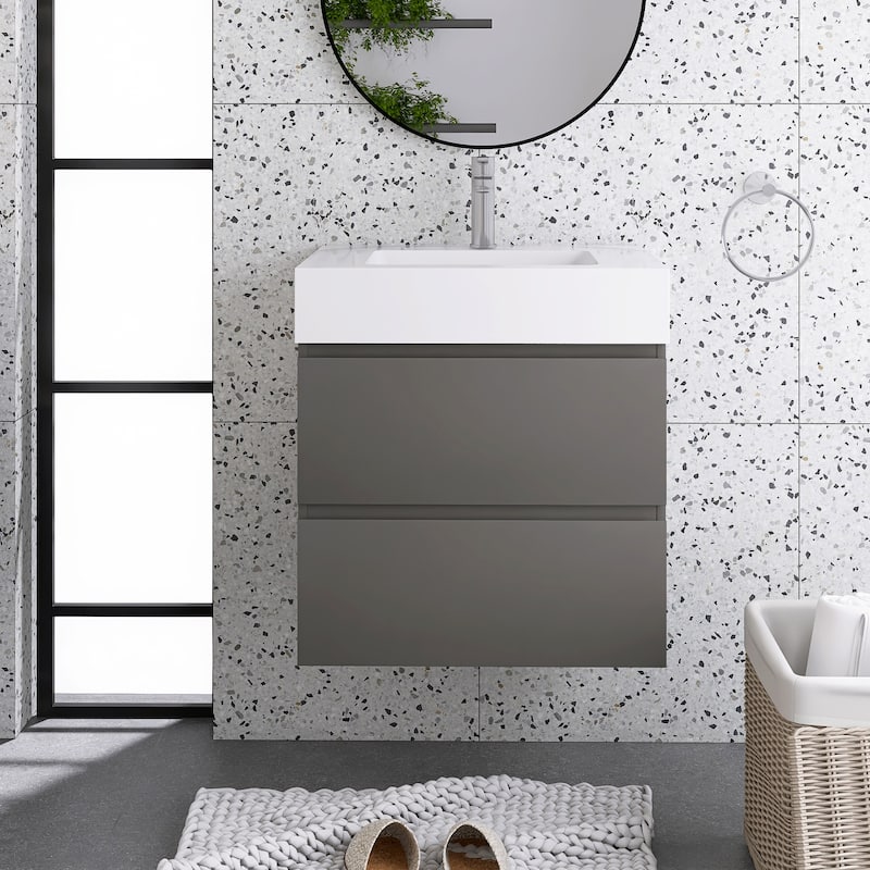 Floating Bathroom Vanity with Solid Surface Top - 24'' x 18.1'' x 25.2'' - Gray