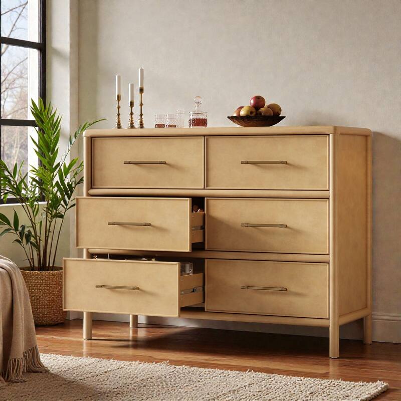 48'' Modern Storage Cabinet with 6 Drawers, Large Entryway Sideboard for Living Room or Dining Room, Solid & Manufactured Wood - Natural