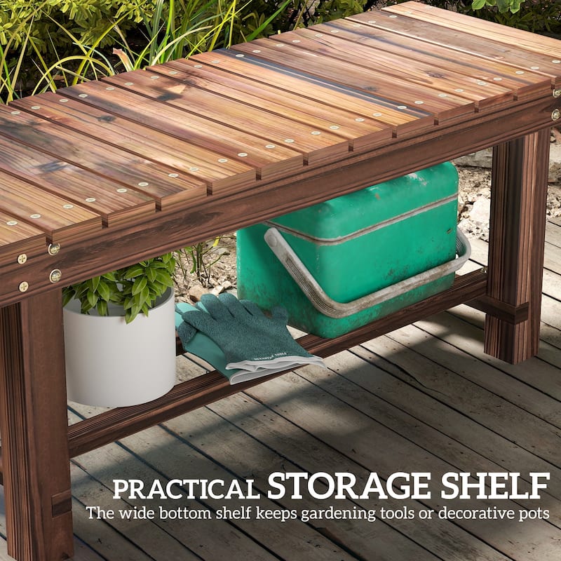 Outsunny 35.4" Wooden Garden Bench with Storage Shelf, 2 Seater, Suitable for Patio, Balcony, Outdoor Bench, Carbonized Wood