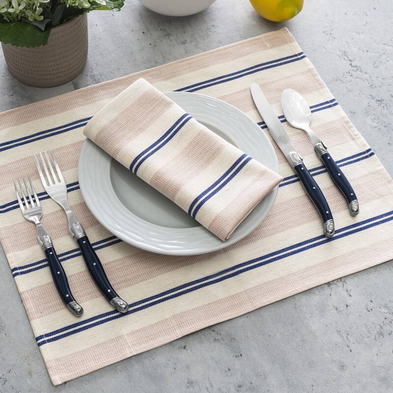 French Home Set of 4 Cream, Blue, and Pink Striped Napkins - 16" x 16"