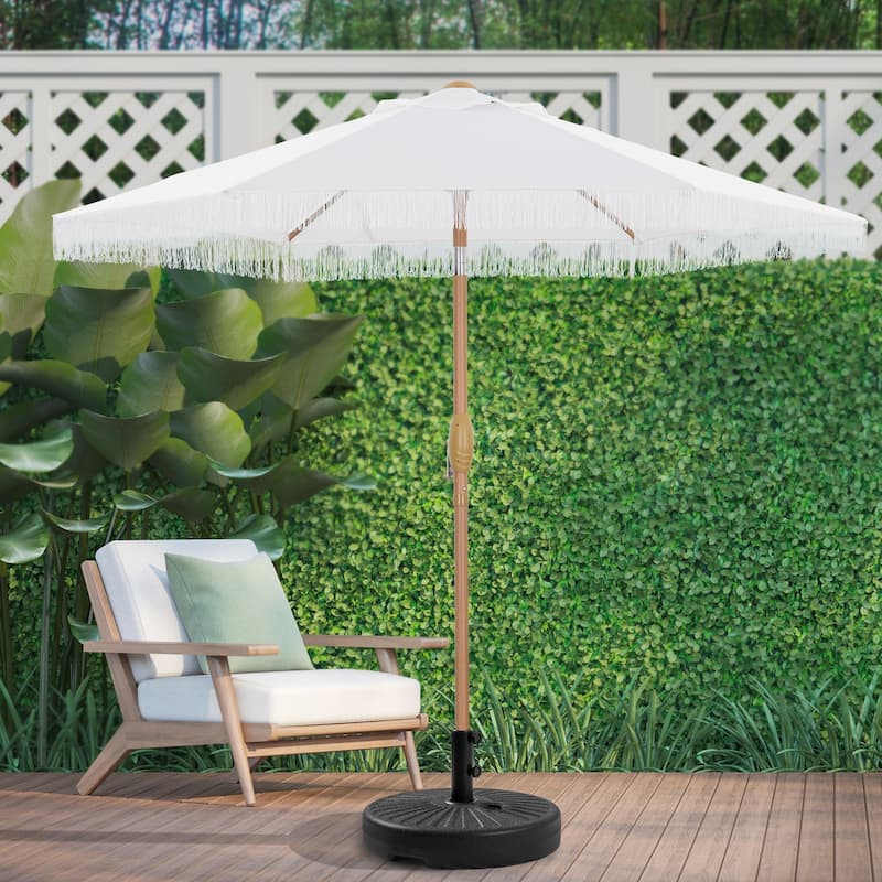 Autlaycil 7.5FT Solar Patio Umbrella with Base and Tilt,Crank - Fringe + White