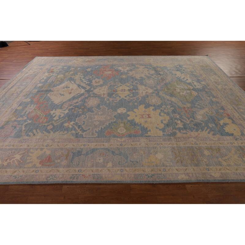 Blue Oushak Vegetable Dye Area Rug Hand-Knotted Wool Carpet - 9'0" x 12'2"