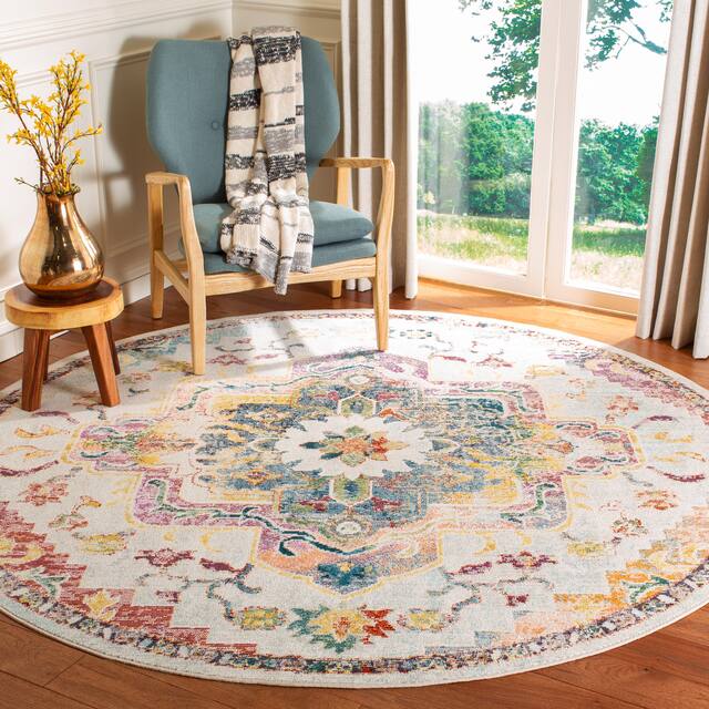 SAFAVIEH Crystal Floretta Vintage Boho Medallion Rug - 5' Round - Light Blue/Grey