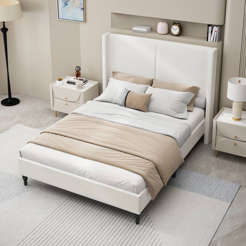 Boucle Upholstered Platform Bed with 55.5" High Wingback Headboard, Slats Support, Solid Wood Feet and Optional King or Queen