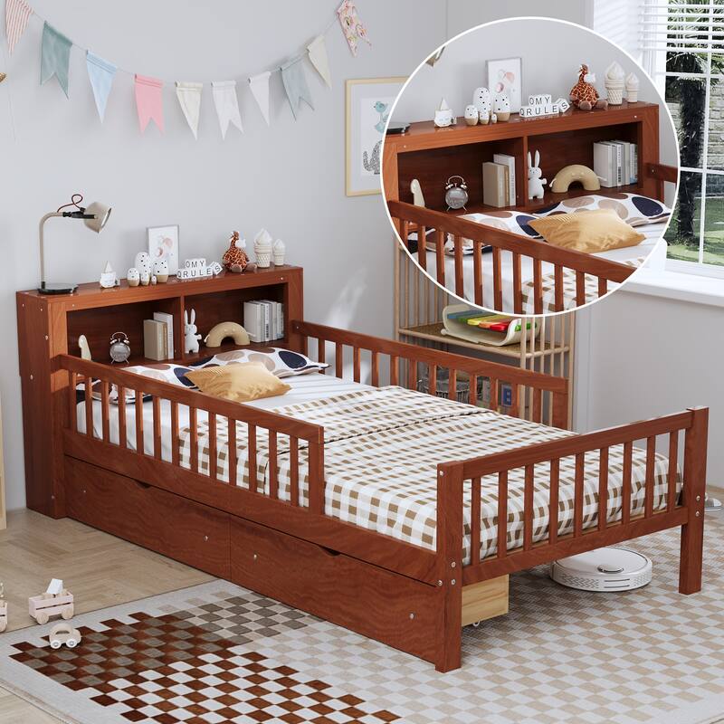 Twin Size Storage Bed with Safety Guardrails and Under-Bed Drawers in Walnut