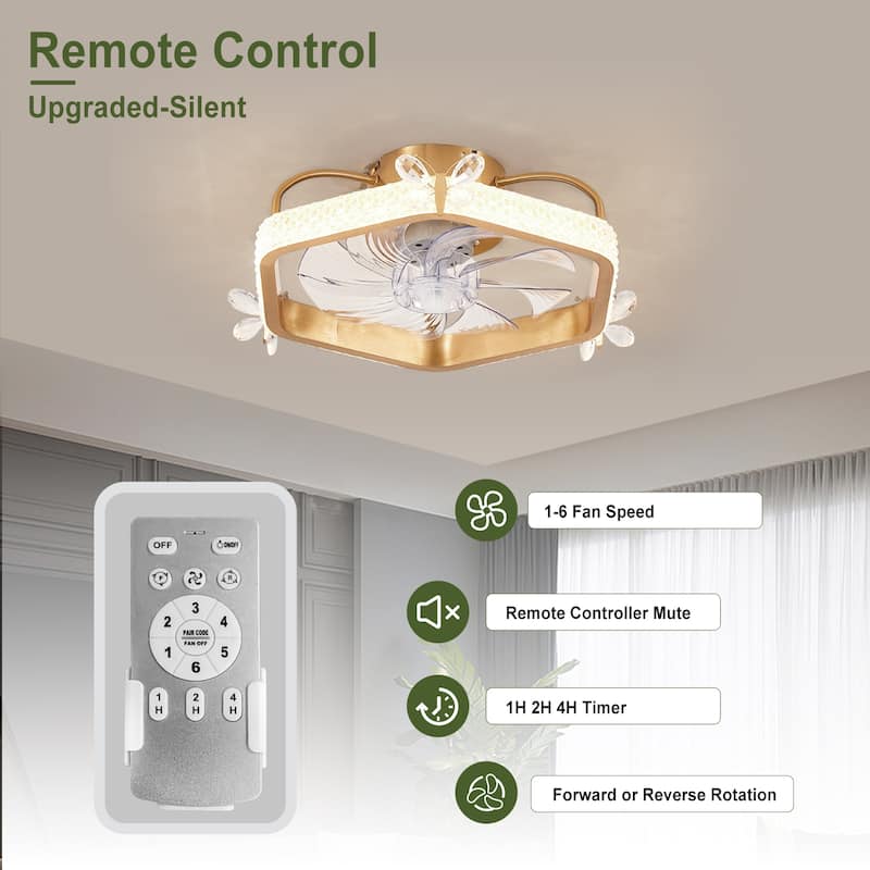 Modern Flush Mount Crystal Ceiling Fan, Gold Reversible Fandelier Fan Light for Bedroom - Small