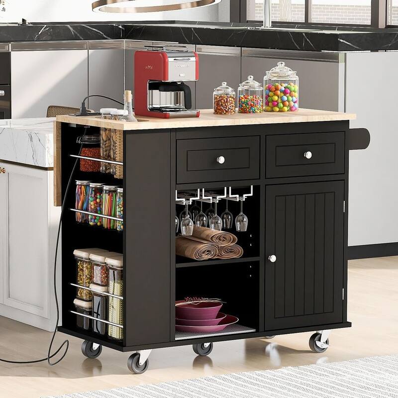 47" Modern Kitchen Cart with Electrical Outlet, Rubberwood Kitchen Island with Drop Leaf and Adjustable Storage Cabinet - Black