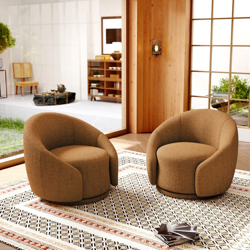 Boucle Barrel Chair Upholstered 360°Swivel Armchair Set of 2