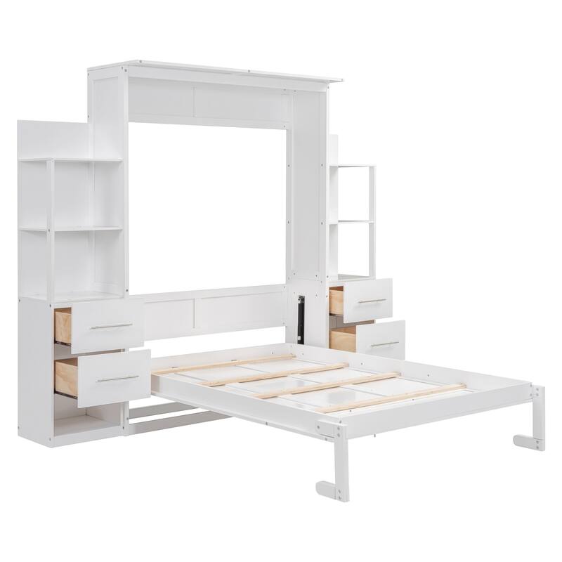 Space-Saving White Murphy Bed with Shelves, Drawers & LED Lights for Multi-Functional Rooms