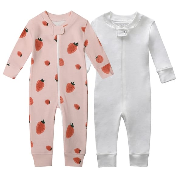 slide 2 of 4, 100% Cotton Footless Zip Pajamas - 2 pack - Pink Strawberry&White 0-3 Months