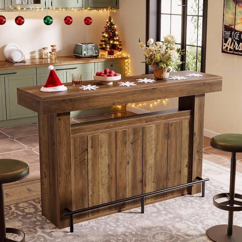 63 Inches Bar Table with Footrest and Storage Shelves for Kitchen Bistro Basement