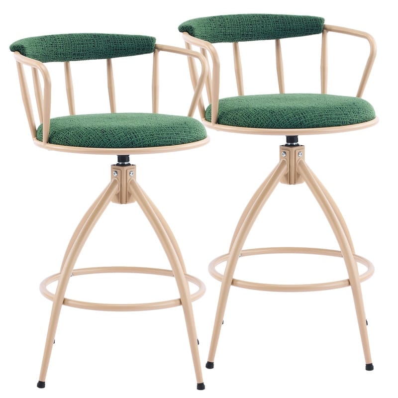 2 Piece Set of Green Swivel Bar Stools with Burlap Seat and Khaki Powder - Coated Iron Legs - N/A - Counter Height - Set of 2 - Green