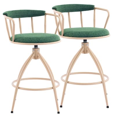 2 Piece Set of Green Swivel Bar Stools with Burlap Seat and Khaki Powder - Coated Iron Legs - N/A