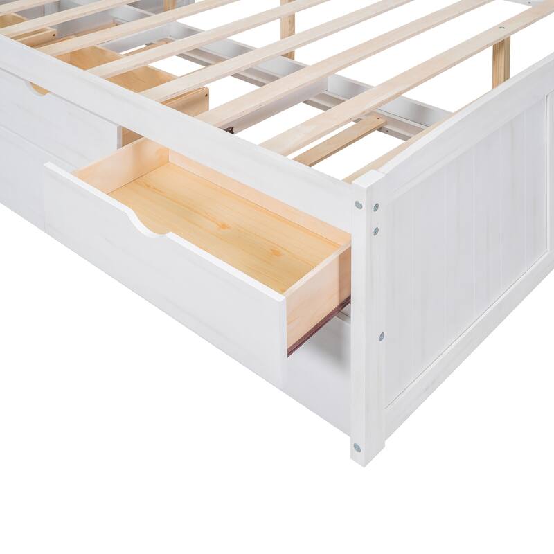 Wooden Captain Bed Platform Bed Frame with Rectangular Storage Headboard Built-in Bookshelves, 3 Storage Drawers and Trundle